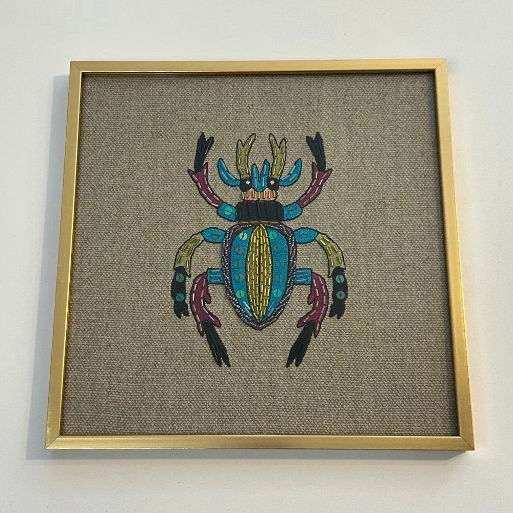 West Elm Gold Framed‎ Wall Art Embroidered Beaded Beetle Decor 10